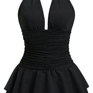 Women's Black Polyester V Neck Backless Ruffle Halter Dress Small